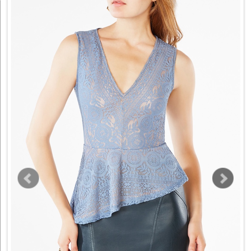 BCBGMaxAzria Blue Lace Peplum V-Neck Top